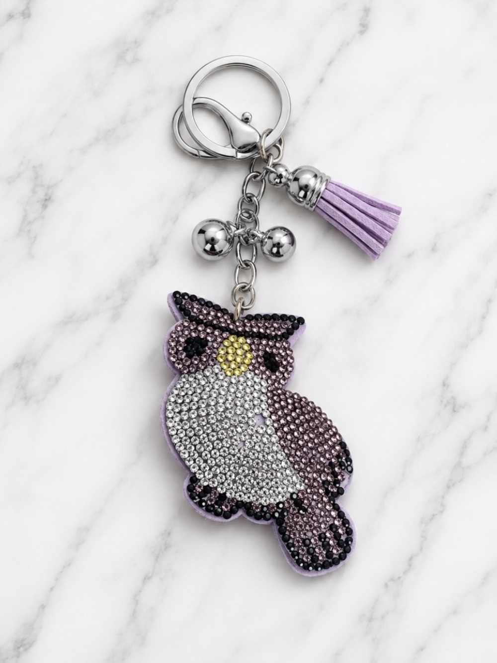Purple and White Rhinestoned Owl Bag Charm/Keyring on Silver Hardware